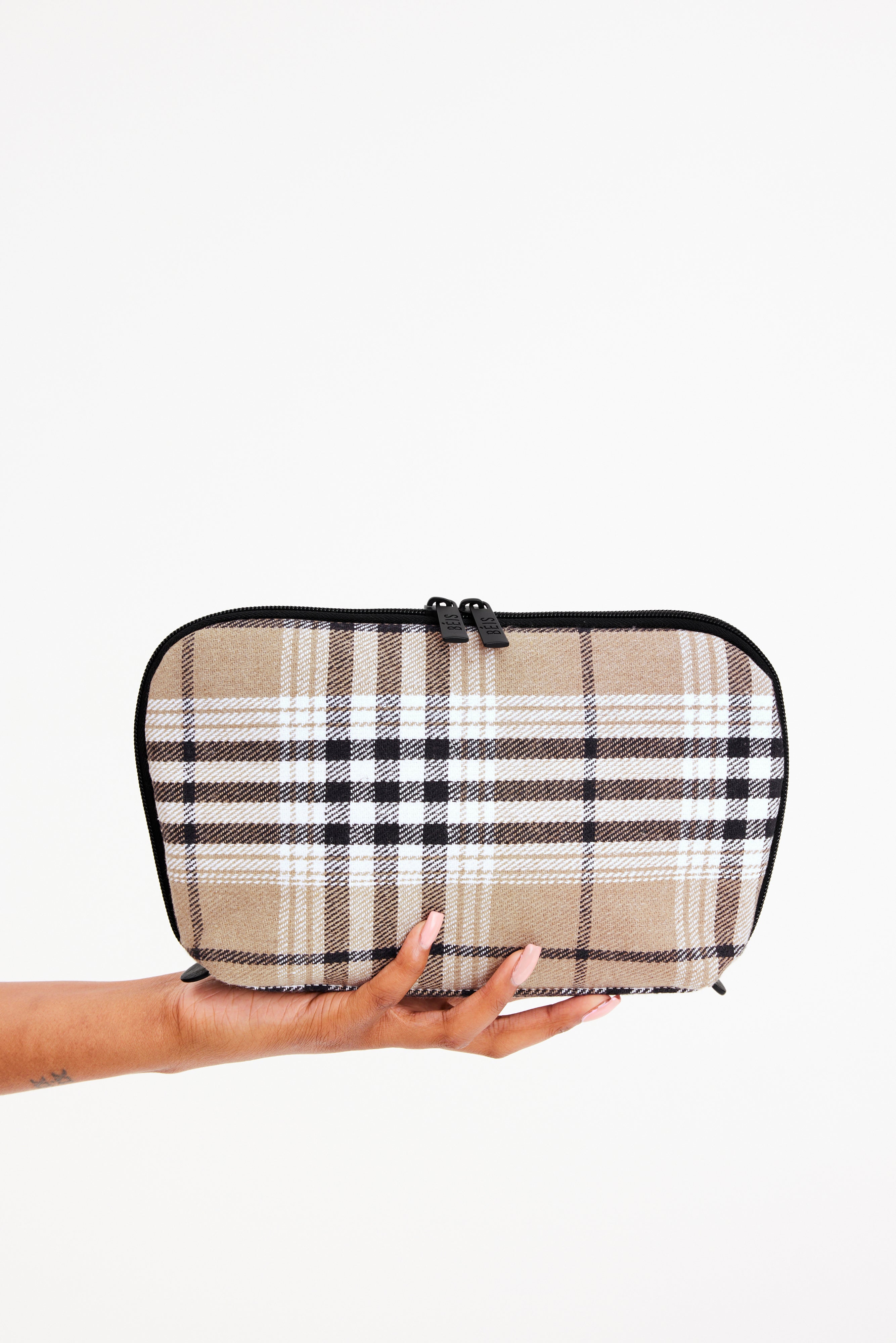 Outlet Beis Plaid cosmetic pouch set