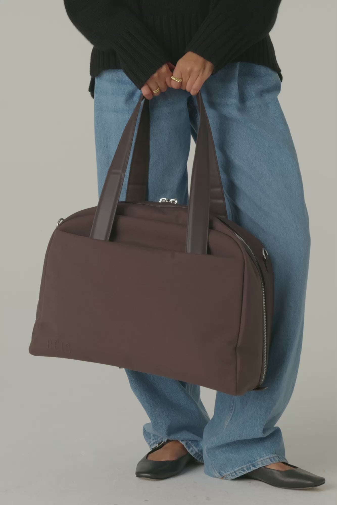 BÉIS 'The Duffle' in Espresso - Leather Trim Travel Duffle Bag