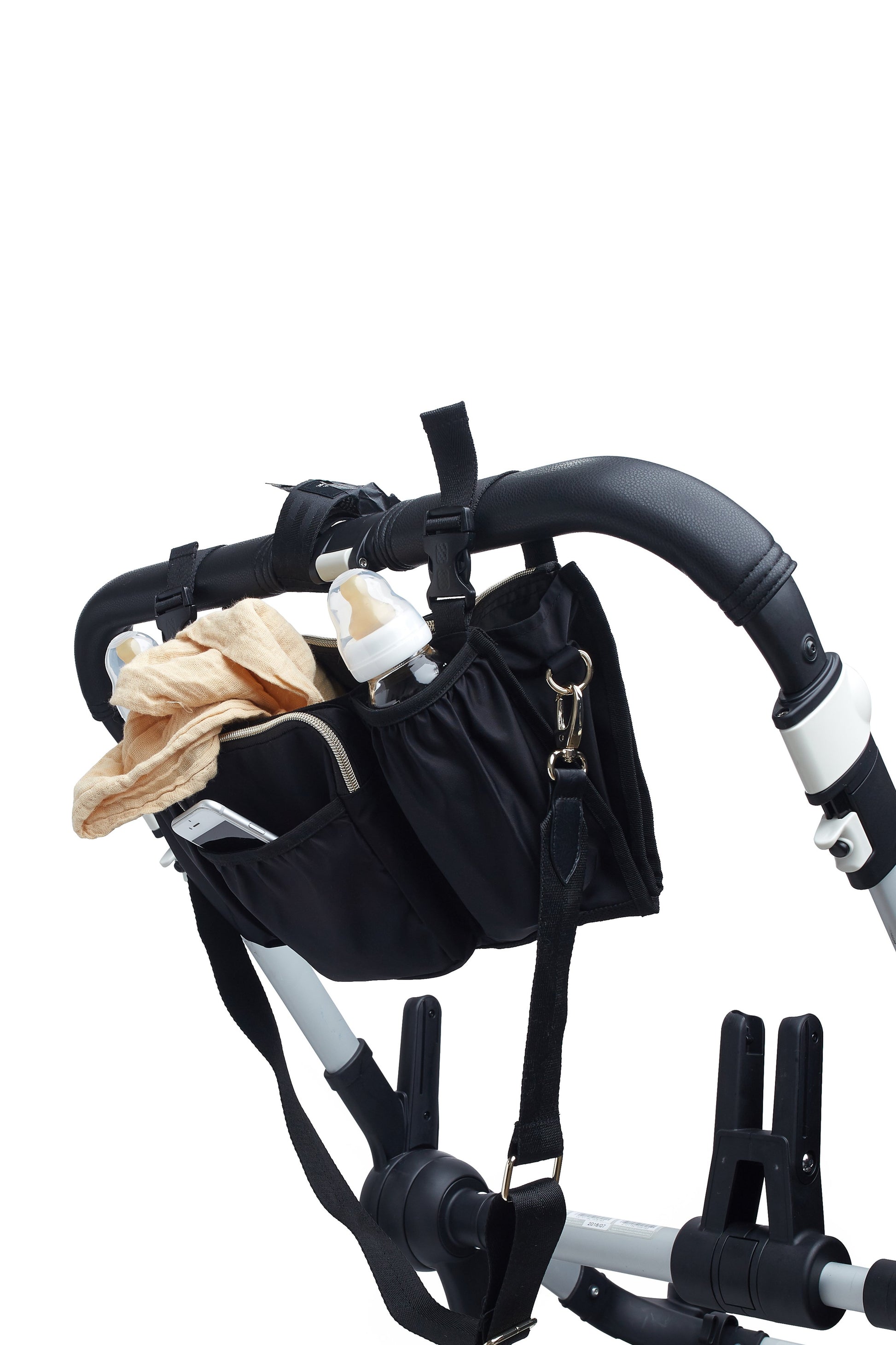 Stroller Caddy Black Side Strapped on Stroller Filled with Bottle Blanket Phone Necessities 