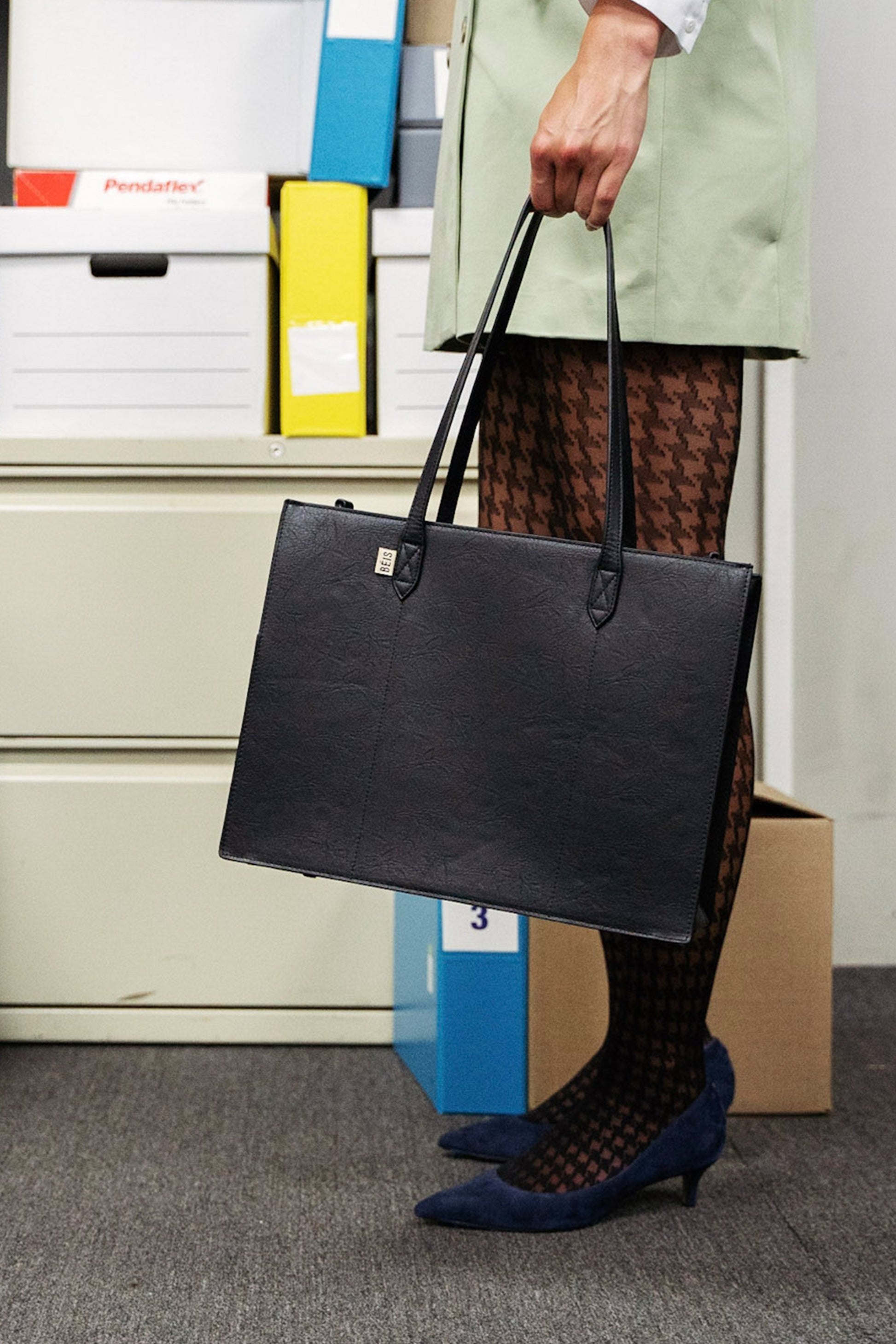 Mini Work Tote Black Front in Office with Model