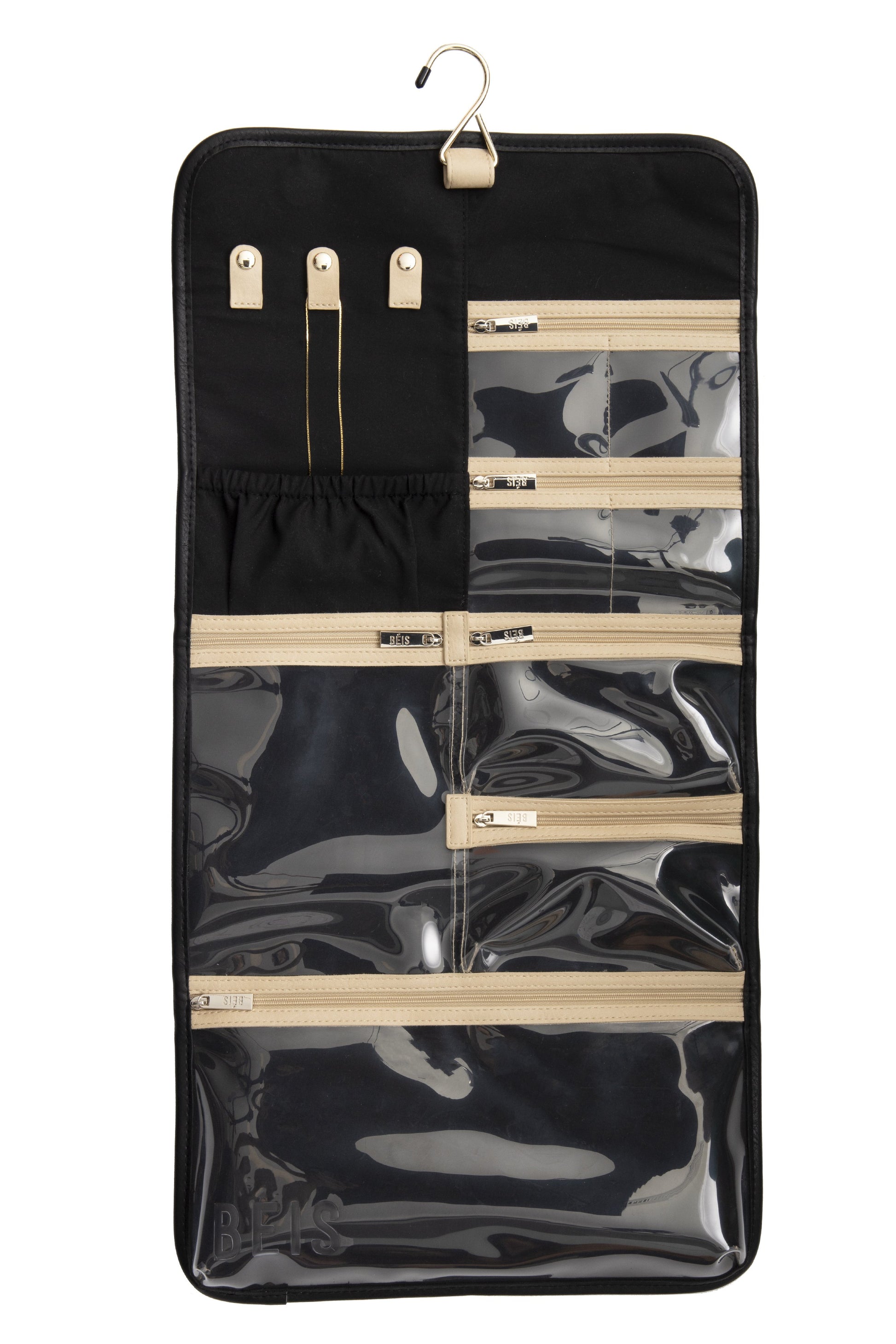 Hanging Jewelry Case in Black, opened showing all compartments 