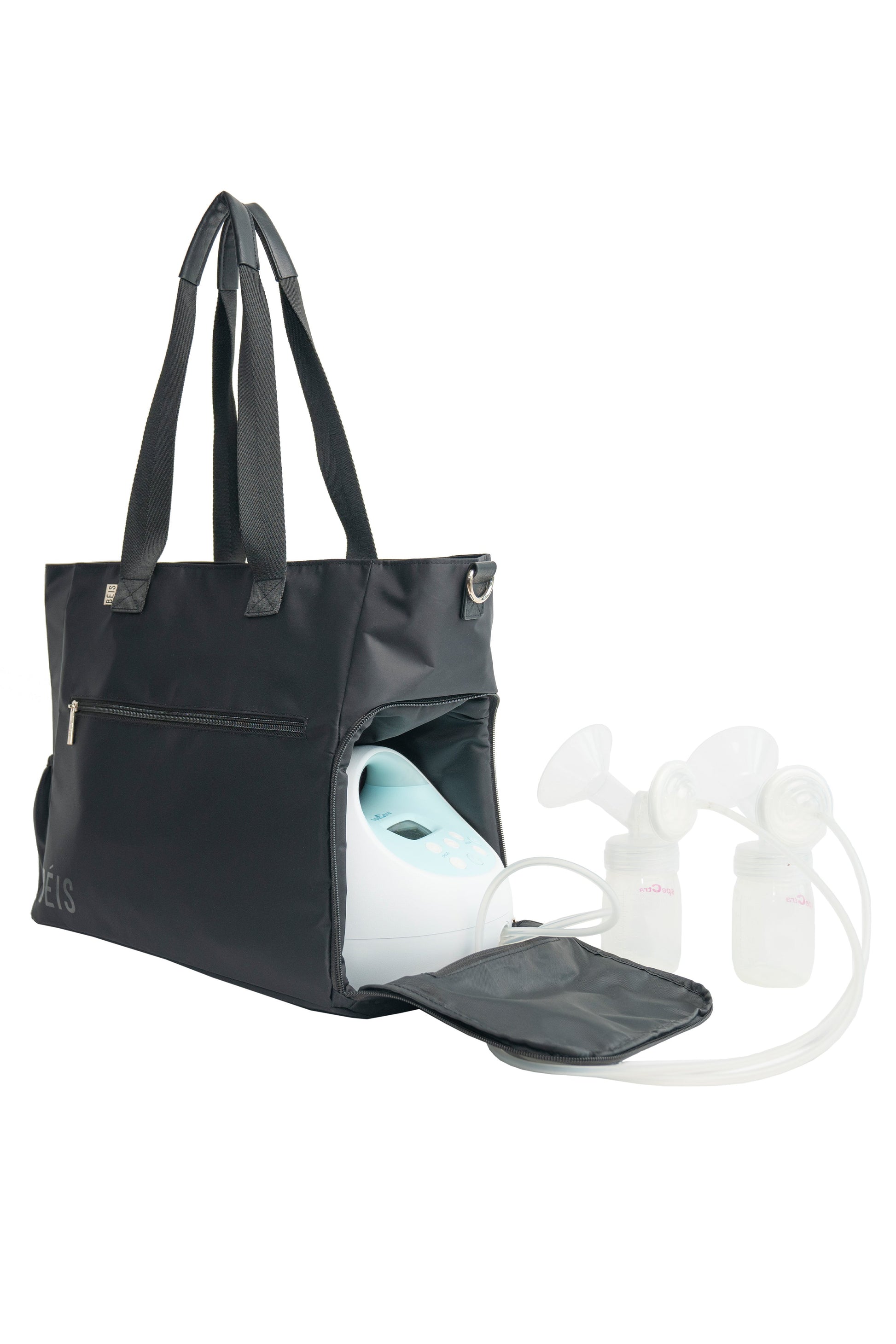 Pumping Bag Black Open Side Pouch with Pump Inside and Breast Pumps