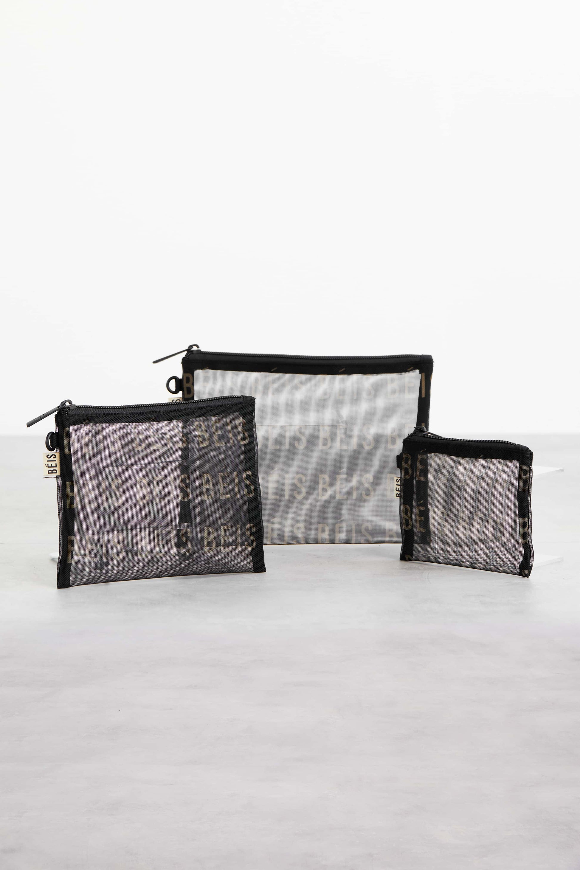 Mesh Pouch Trio Black Side by Side Layout Front