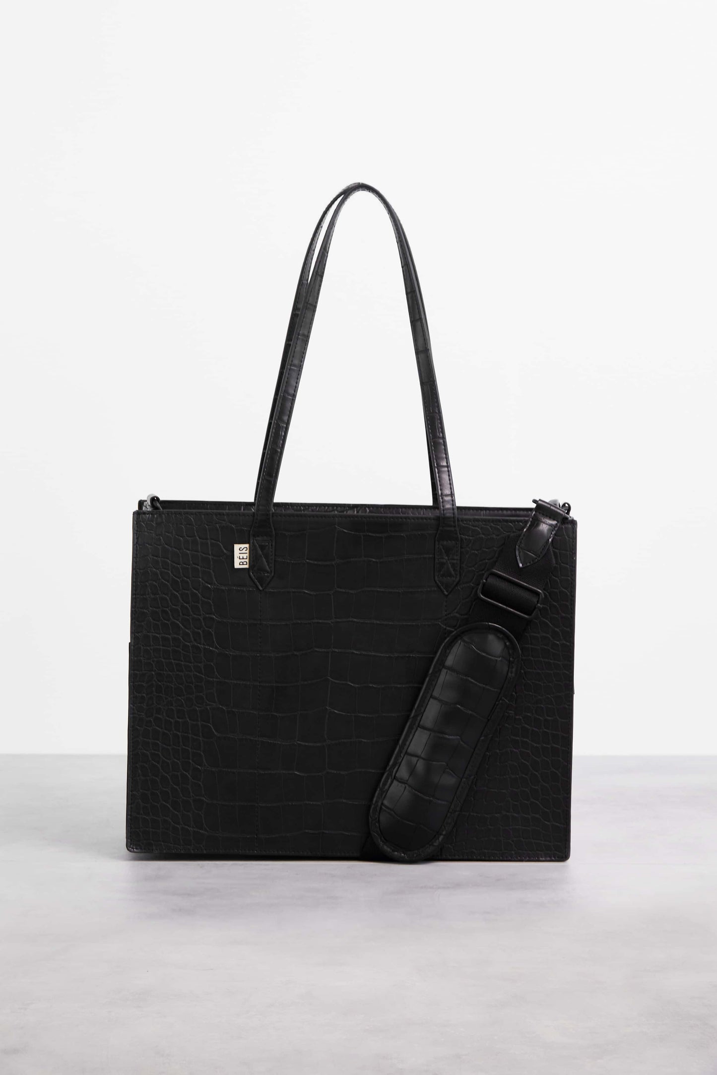 Mini Work Tote in Black Croc Front with Shoulder Strap