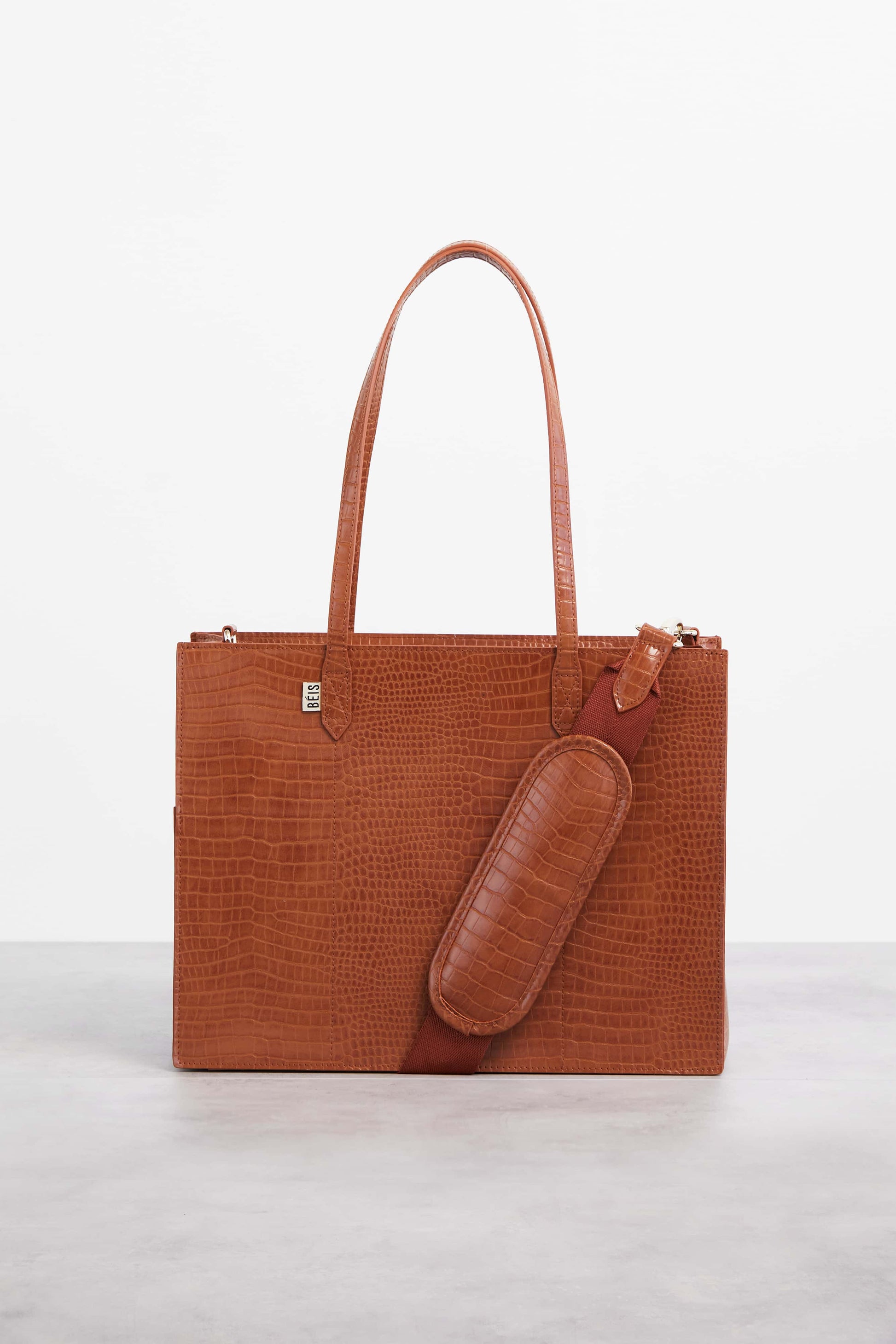 Mini Work Tote in Cognac Croc Front with Shoulder Strap