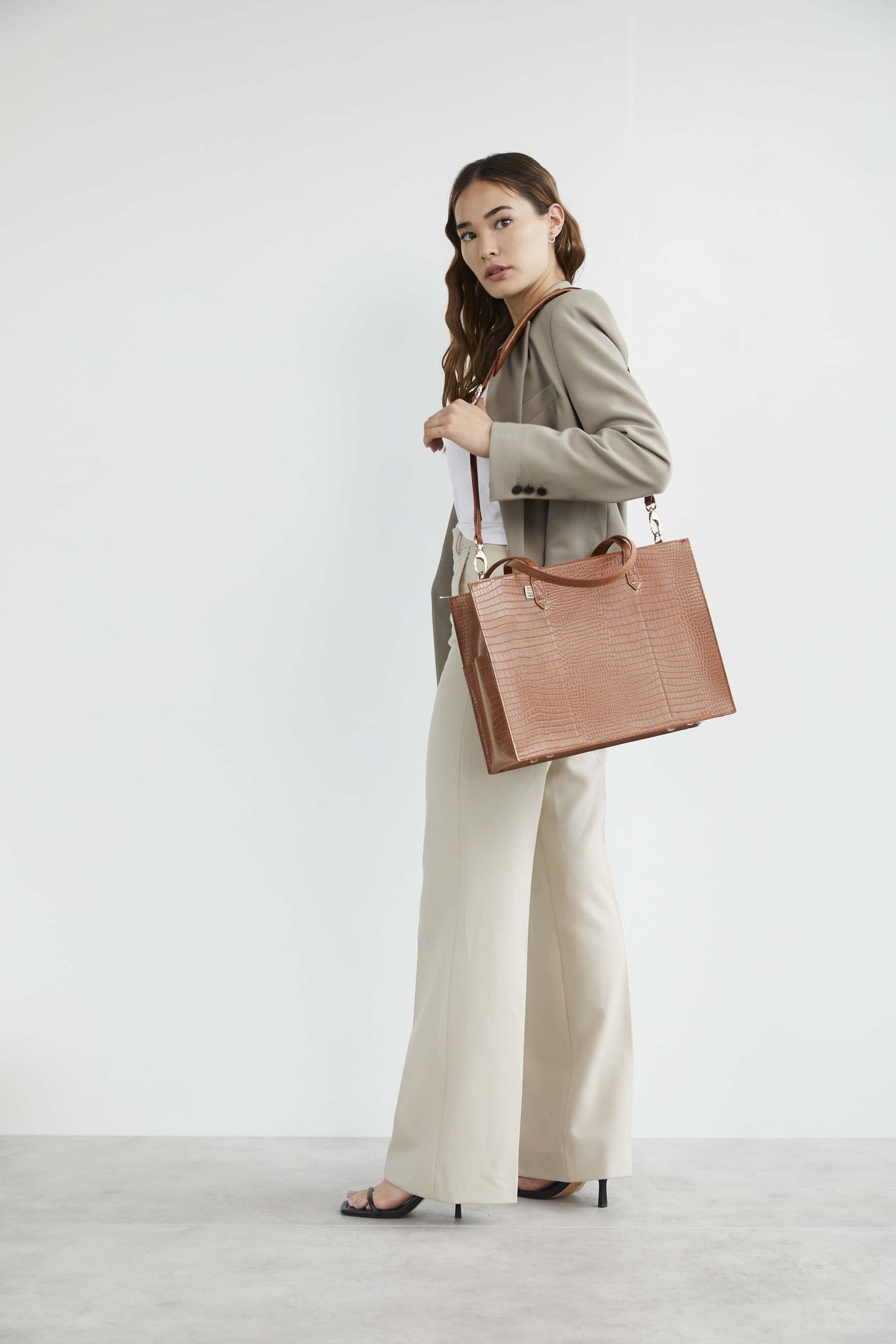 Mini Work Tote in Cognac Croc Front with Model