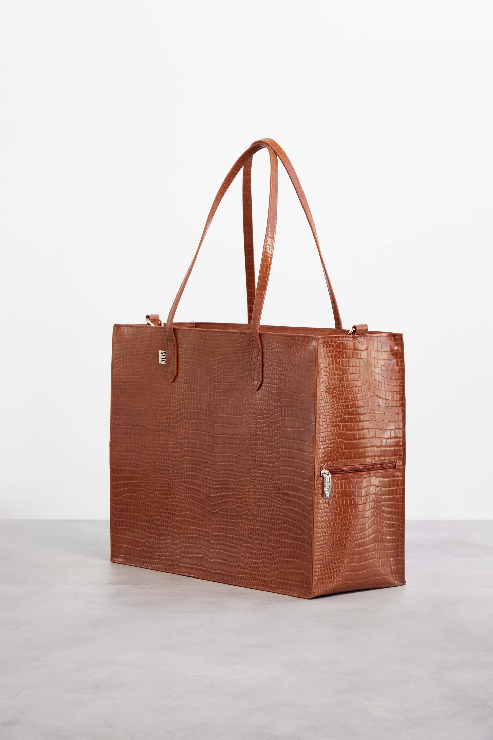 Work Tote Cognac Croc Front and Side View