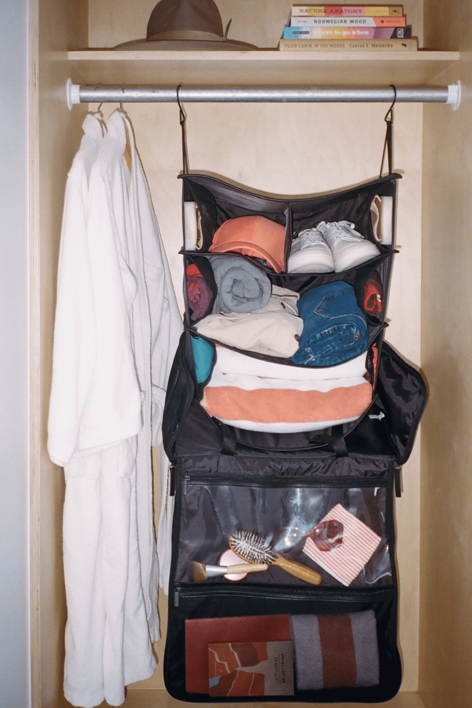 Hanging Backpack Black Open Closet 