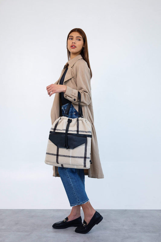Messenger Tote in Plaid Front Model